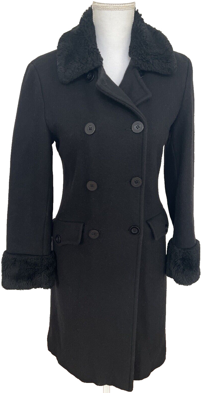 Le Chateau Wool Coat Womens Small S Black Double Breasted Fleece Collar Overcoat